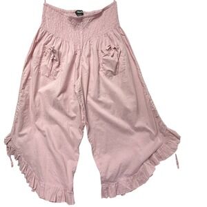 Celina Pink Cotton Smocked Waist Ruffle Hem Gaucho Plus Size Wide Leg Pants